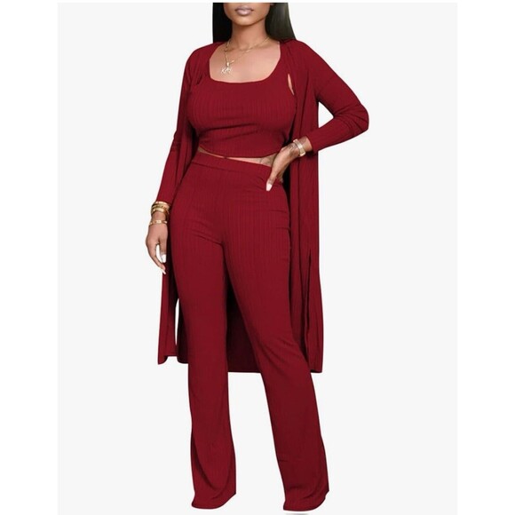3pc Lounge Set Maroon Wide Pant Crop Top Open Front Cardigan SZ L NWOT Comfort - Picture 1 of 10